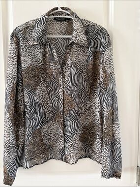 Equation Animal Print Button-Down Shirt - Black, White & Brown. C33